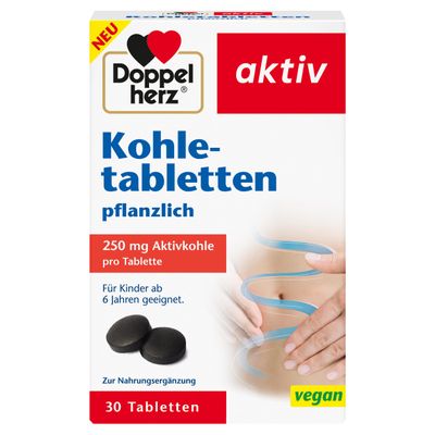 Doppelherz Vegetable Charcoal Tablets - Activated Carbon Helps Reduce Excessive Bloating After Eating - 30 Tablets