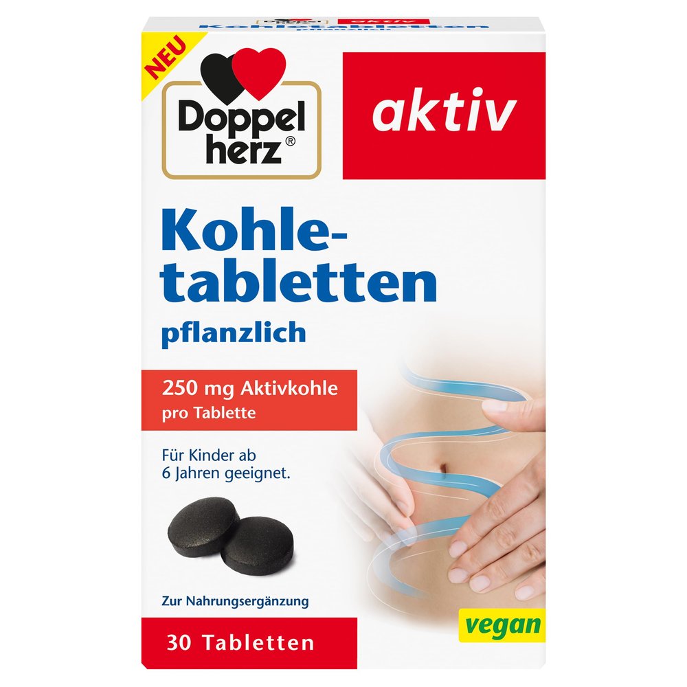 Doppelherz Vegetable Charcoal Tablets - Activated Carbon Helps Reduce Excessive Bloating After Eating - 30 Tablets