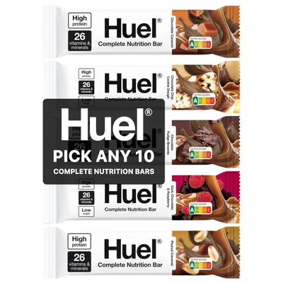 HUEL Complete Nutrition Bars - 55g Bars - Pick any 10-5 Flavours to choose from - Choc Chip Cookie Dough, Dark Chocolate & Raspberry, Chocolate Fudge Brownie, Peanut Caramel and Chocolate Caramel