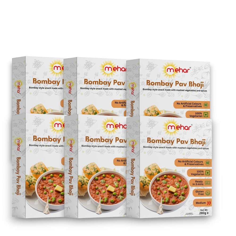 Mehar Bombay Pav Bhaji ready to eat, No Artificial Colours and Preservatives, 100% Vegetarian, Ready in 3 mins, Gluten Free, Medium Spiced 280g Pack of 6