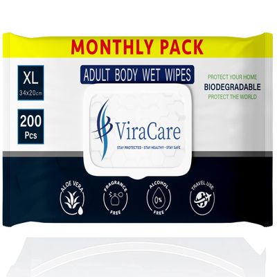 200 Biodegradable Adult Wipes - Intimate & Body Wipes With Aloe Vera | Extra Large Size 34 x 20 cm