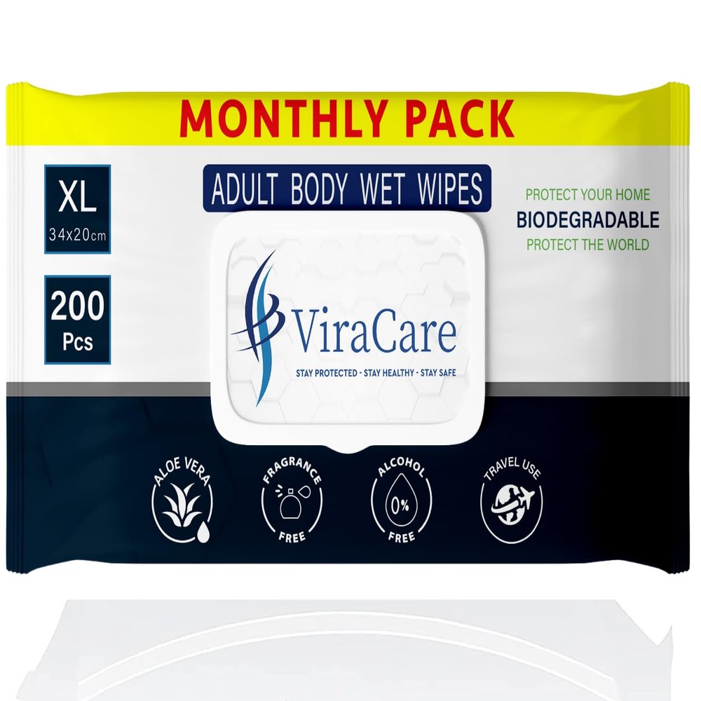 200 Biodegradable Adult Wipes - Intimate & Body Wipes With Aloe Vera | Extra Large Size 34 x 20 cm