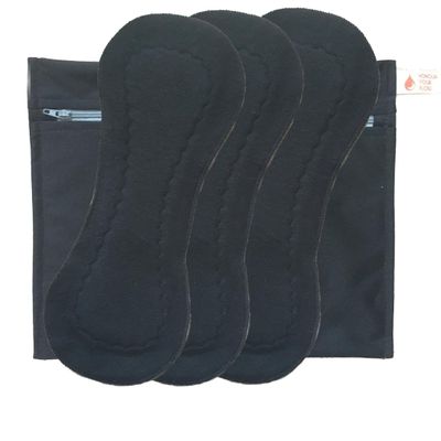 3 Pack HONOUR YOUR FLOW Black Slim Mega Pads + Free Wet Bag | Reusable Sanitary Pads | Heavy Flow | Organic Cotton | Leakproof | Comfortable | Beautiful