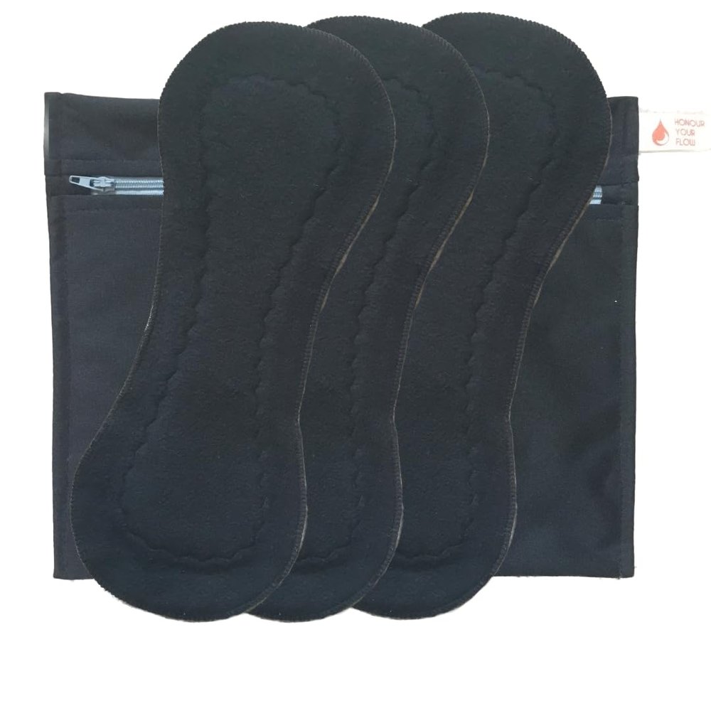 3 Pack HONOUR YOUR FLOW Black Slim Mega Pads + Free Wet Bag | Reusable Sanitary Pads | Heavy Flow | Organic Cotton | Leakproof | Comfortable | Beautiful