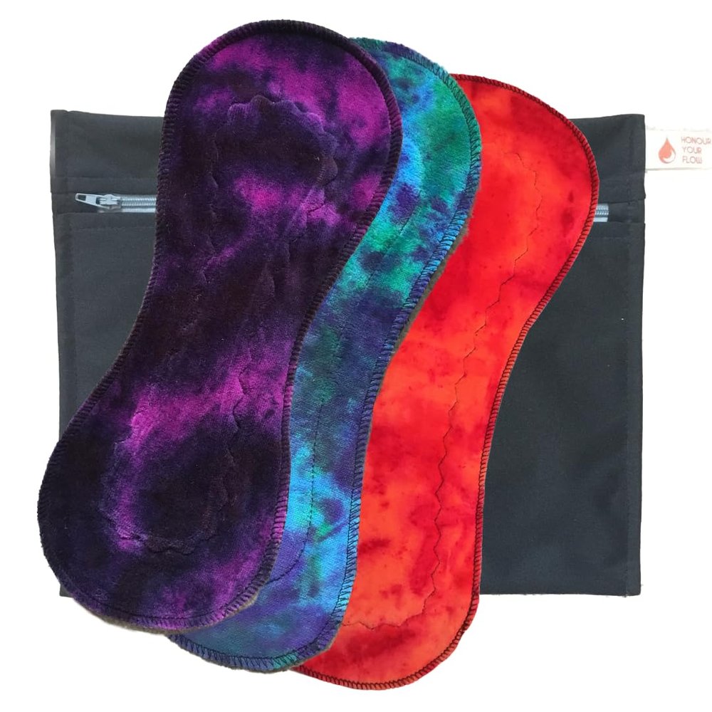 3 Pack HONOUR YOUR FLOW Mixed Tie Dyed Slim Mega Pads + Free Wet Bag | Reusable Sanitary Pads | Heavy Flow | Organic Cotton | Leakproof | Comfortable | Beautiful