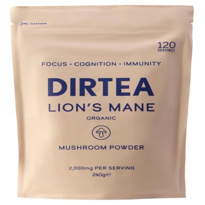 DIRTEA Lion's Mane Mushroom Powder | 2,000mg / Serving | Organic, Vegan & Non GMO | Focus, Memory & Immunity | High Strength Supplement with Zinc | 240g - 120 Servings