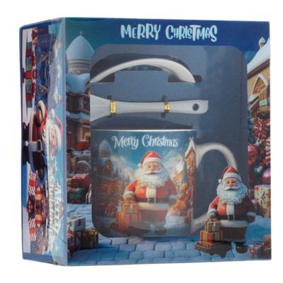 Festive Christmas Mug and Spoon Gift Set Merry Christmas Design with Holiday Tree and Presents Ideal for Gifting (Christmas, HK2178B)