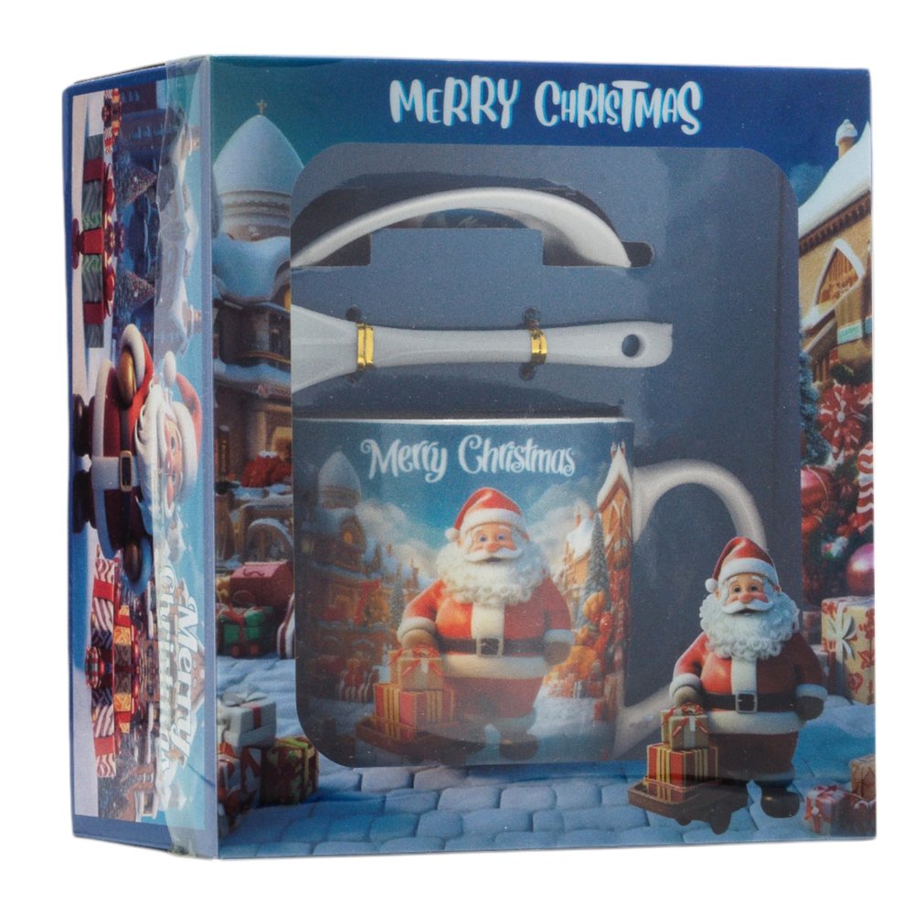 Festive Christmas Mug and Spoon Gift Set  Merry Christmas Design with Holiday Tree and Presents  Ideal for Gifting (Christmas, HK2178B)