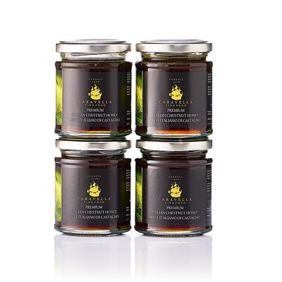 Caravella Fine Food - 4x Italian Chestnut Honey 250g - Immune support, antioxidant, antiseptic - Rich, earthy, and intense, for aged cheese, meat, on toast -liquid, raw, unpasteurized- glass jar
