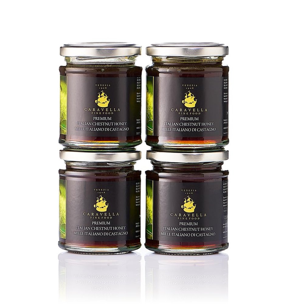 Caravella Fine Food - 4x Italian Chestnut Honey 250g - Immune support, antioxidant, antiseptic - Rich, earthy, and intense, for aged cheese, meat, on toast -liquid, raw, unpasteurized- glass jar