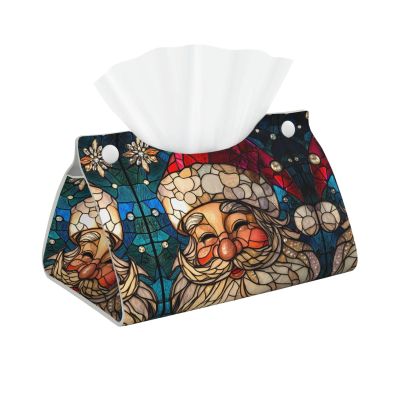 Long Tissue Box Cover, Christmas Stained Glass Santa Foldable Modern Leather Tissue Box Holder, Aesthetic Desk Accessories for Bathroom Tabletop Office Car Home Decor