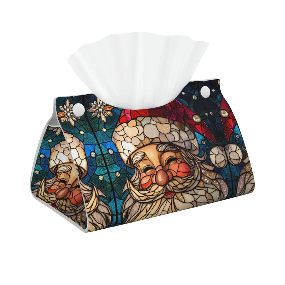 Long Tissue Box Cover, Christmas Stained Glass Santa Foldable Modern Leather Tissue Box Holder, Aesthetic Desk Accessories for Bathroom Tabletop Office Car Home Decor