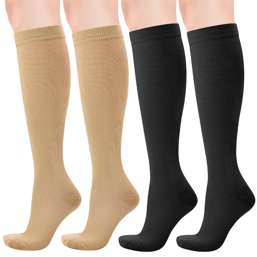 2 Pairs Compression Socks for Women&Men Circulation 20-30 mmhg Flight Socks Knee High Compression Stockings for Athletic Nurse Running Travel (Black&Skin Colou, S/M)