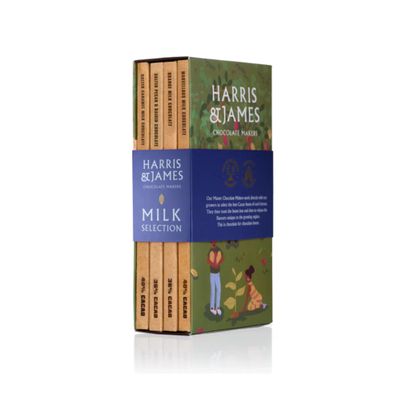 Harris & James Milk Chocolate Bar Library Pack, 4 Flavours of Milk Chocolate, Marvellous Milk 40%, Salted Caramel 40%, Chocolate Orange 36%, Pecan & Raisin 36% (86g Bars)