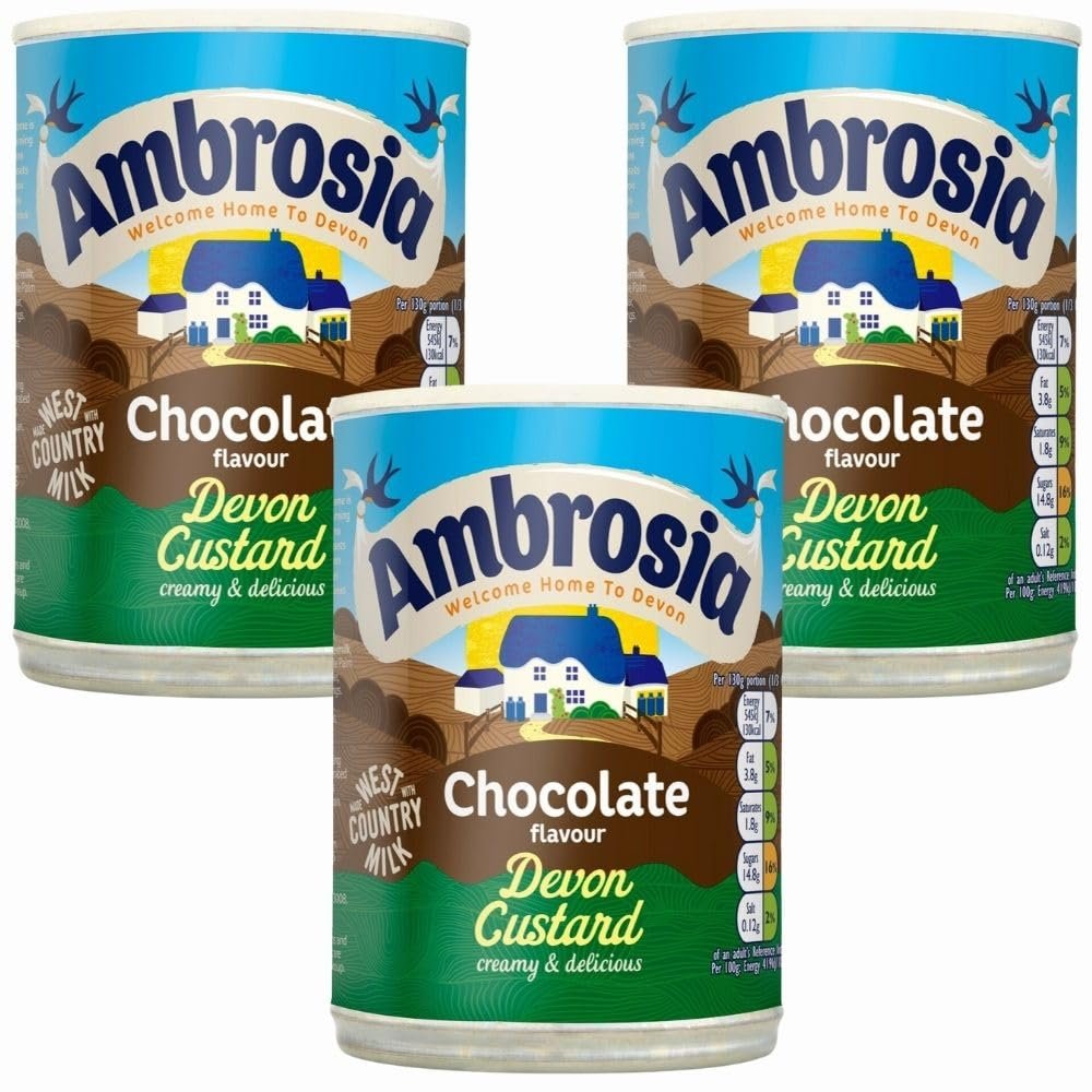 Ambrosia Chocolate Flavour Devon Custard 400g can x 3, Instant Ready to Eat Hot or Cold Dairy Dessert with Welari Thank You Card | (3pack)