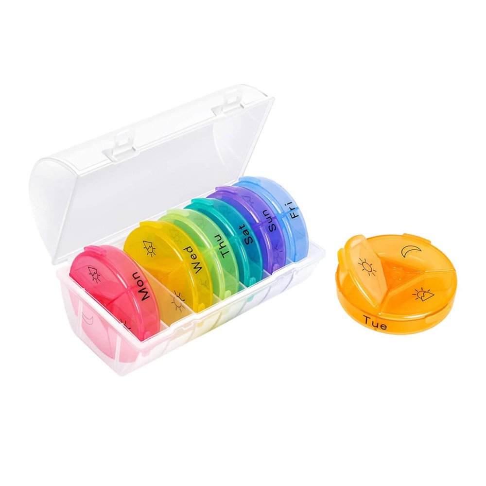 FRCOLOR Weekly 21-Compartment Rainbow Pill Box Organizer, Portable Medicine Storage Case for Travel and Daily Vitamin Management