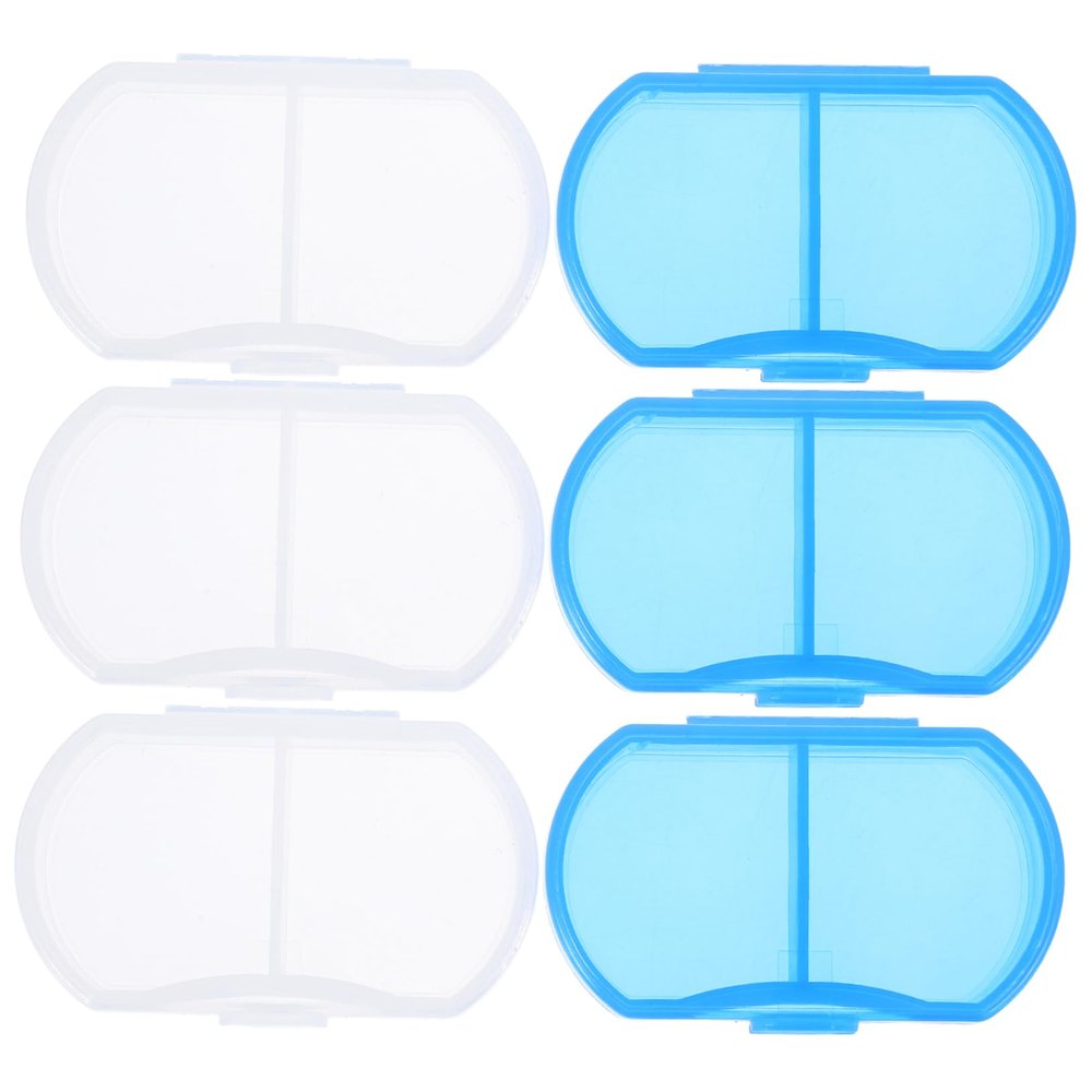 Healvian 6pcs Mini Medicine Case with 2 Compartments, Small Pill Organizer Box, Travel Vitamin Holder Set with 3 White and 3 Blue Storage Boxes for Daily Medication Management
