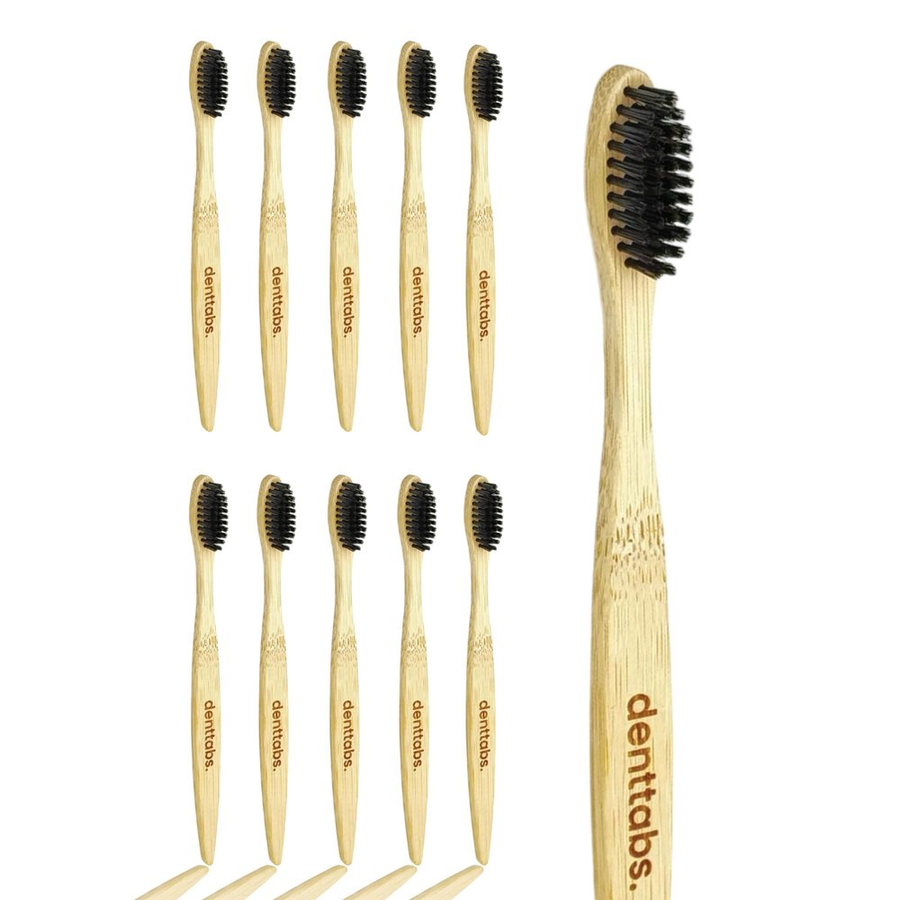 Bamboo Toothbrush Ultra Soft Pack of 10 Denttabs Bamboo Brush Black Edition for Particularly Gentle Teeth Cleaning Biodegradable Handle Made from Natural Materials