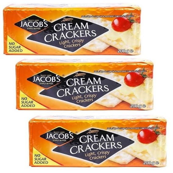 Jacob's Cream Cracker No Added Sugar 200g snack pack | Light Crispy Crackers | High Fibre | Perfect for sharing with friends and family on Christmas & on all occassions. (Pack of 8)