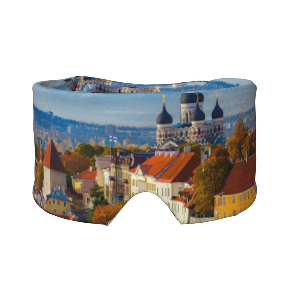 Tallinn Estonia City Print Sleep Eye Mask with Earmuffs - Block Out Light Contoured Night Blindfold Eye Sleeping Mask with Ear Cover for Men Women Side Sleeper Night Gift