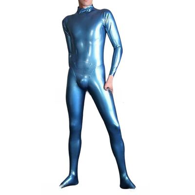 TUNAYI Metallic Blue Latex Catsuit with Feet Socks Back Zipper Rubber Body Suit Bodysuit-Plum red-XL