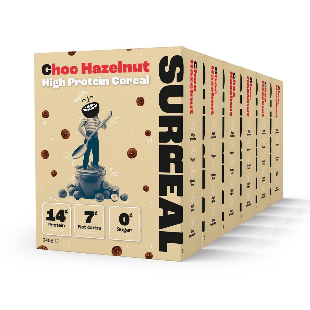 Surreal Choc Hazelnut - High Protein Cereal 6 Pack - Zero Sugar- Healthy Plant Based Cereal - High in Fibre - Low Carb - Gluten Free - Vegan - 18g of Protein, 0g of Sugar - 240g per Box