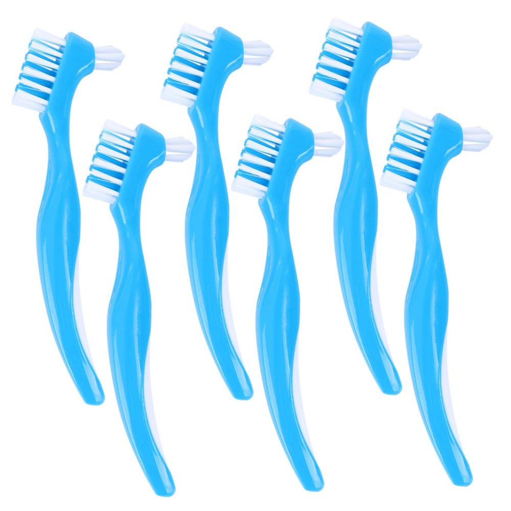 HOMOCONO 6pcs Dual Head Dental Cleaning Brush for False Teeth, Blue Double Sided Toothbrush Set for Denture Care and Oral Hygiene, Portable Dental Toothbrush for Adults