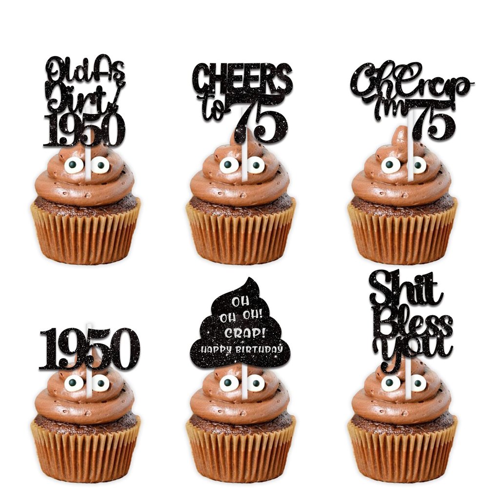 18pcs Black Glitter Dessert Cupcake Pick for Oh Crap Im 75 Old as Dirt 1950 Theme Decor Supplies Men Women Happy 75th Birthday Party Decoration