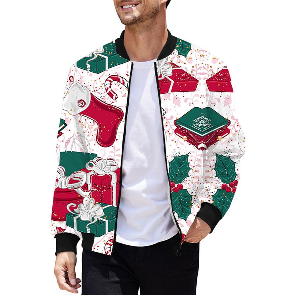 Foweknow Bomber Jacket Men's Christmas Sweat Jacket Funny 3D Print Christmas Jacket Without Hood Long Sleeves Leisure Jacket Fashionable Outdoor Jacket Christmas Jumper Transition Jacket, White, S
