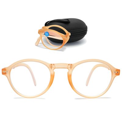 ABETOS Round Folding Blue Light Blocking Reading Glasses Ultra-light Oval Foldable Portable Spring Hinge Computer Readers for Women Men with Case, Orange 1.0