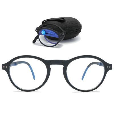 ABETOS Round Folding Blue Light Blocking Reading Glasses Ultra-light Oval Foldable Portable Spring Hinge Computer Readers for Women Men with Case, Black 1.0