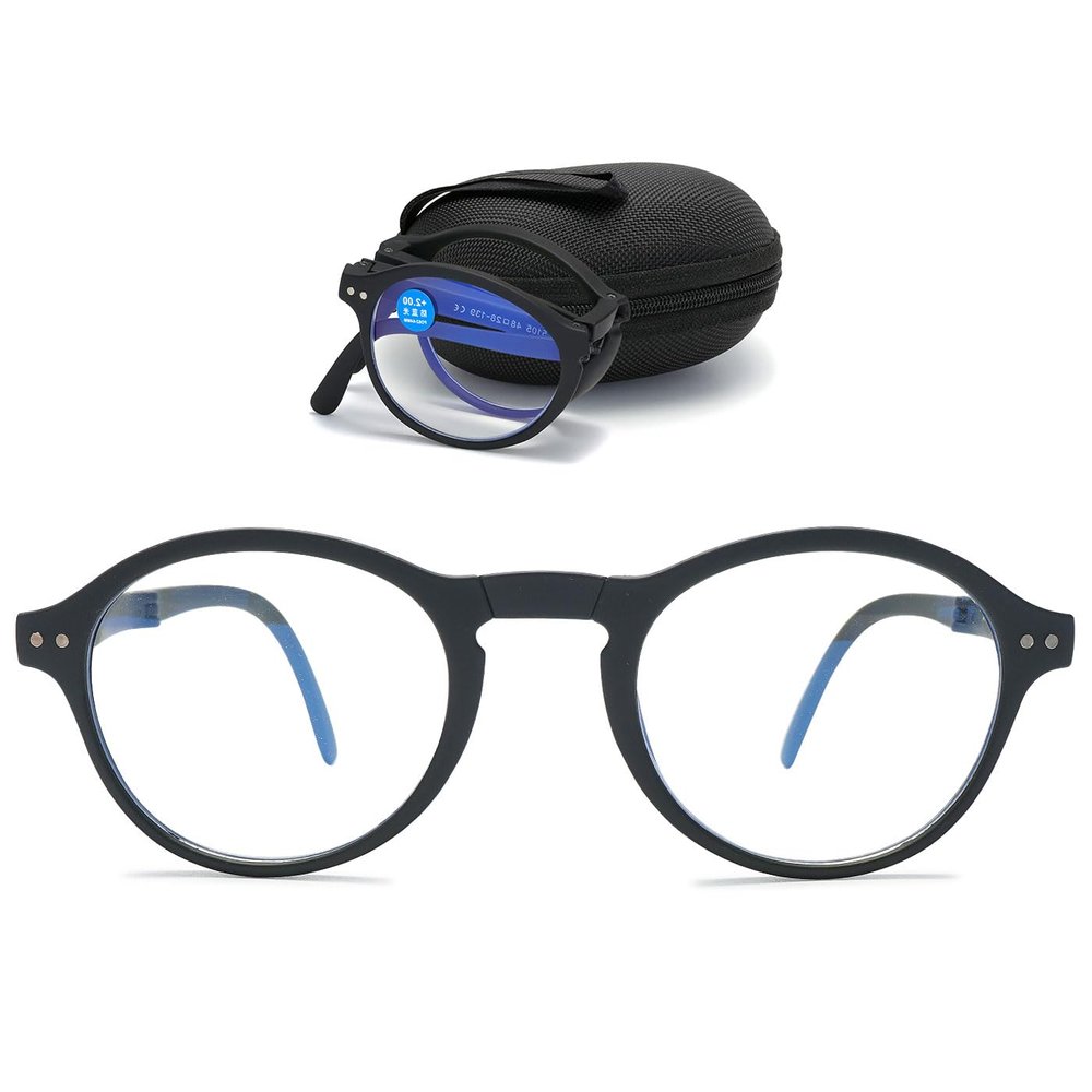 ABETOS Round Folding Blue Light Blocking Reading Glasses Ultra-light Oval Foldable Portable Spring Hinge Computer Readers for Women Men with Case, Black 1.0