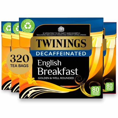 Twinings English Breakfast Decaf Tea | Golden, Well Rounded & Full Bodied Decaffeinated Black Tea | Multipack Bulk Buy, 320 (4 x 80) Biodegradable Tea Bags