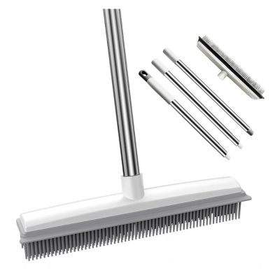 2 In 1 Rubber Broom Carpet Brush With Adjustable Long Handle Soft Push Broom Compatible With Pet Cat Dog Hair Fur Removal Carpet Floor Brush