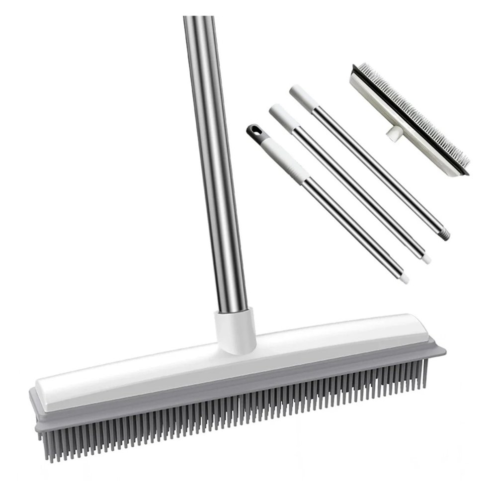 2 In 1 Rubber Broom Carpet Brush With Adjustable Long Handle Soft Push Broom Compatible With Pet Cat Dog Hair Fur Removal Carpet Floor Brush