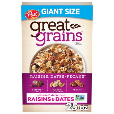 Post Great Grains Raisins Dates and Pecans Breakfast Cereal, Raisin Cereal with Sweet Dates and Granola Clusters, Non-GMO Project Verified, 25 OZ Box