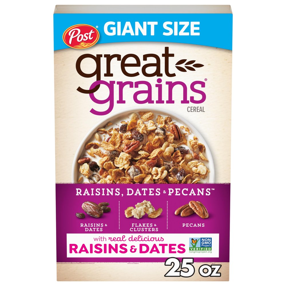 Post Great Grains Raisins Dates and Pecans Breakfast Cereal, Raisin Cereal with Sweet Dates and Granola Clusters, Non-GMO Project Verified, 25 OZ Box