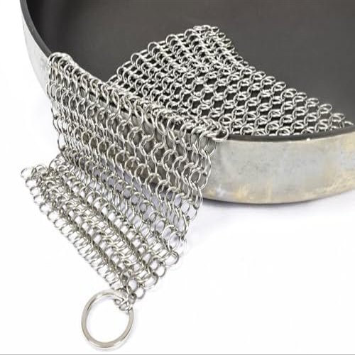Quick Parts Delivery 304 Stainless Steel Cast Iron Scrubber - 8 x 8 Inches Cleaner Chainmail Dish Scouring Pad for Dishwasher Cleaning - Chainmail Scrubber for cast Iron Pans - Dutch Ovens Grills