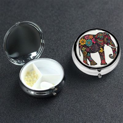 Pill Box 3 Compartment Bright Color Flower Elephant Pill Case for Purse or Pocket Round Pill Organizer Travel Pillbox Portable Pill Container Medicine Vitamin Organizer