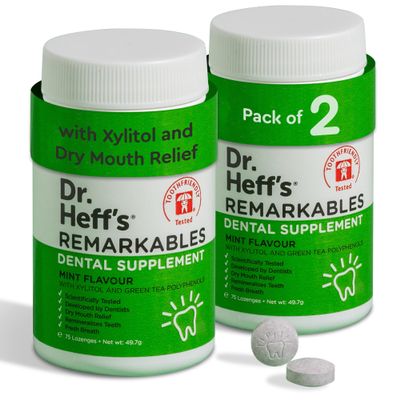 DR. HEFFS Remarkable Mints, Xylitol for Dental Health - Sugar Free Green Tea Extract & Peppermint - For Fresh Breath & Prevents Tooth Decay Dental Supplement for a Healthy Mouth - 75 Count Pack of 2