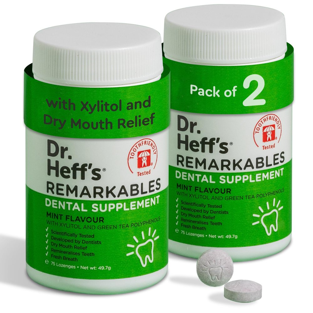 DR. HEFFS Remarkable Mints, Xylitol for Dental Health - Sugar Free Green Tea Extract & Peppermint - For Fresh Breath & Prevents Tooth Decay Dental Supplement for a Healthy Mouth - 75 Count Pack of 2