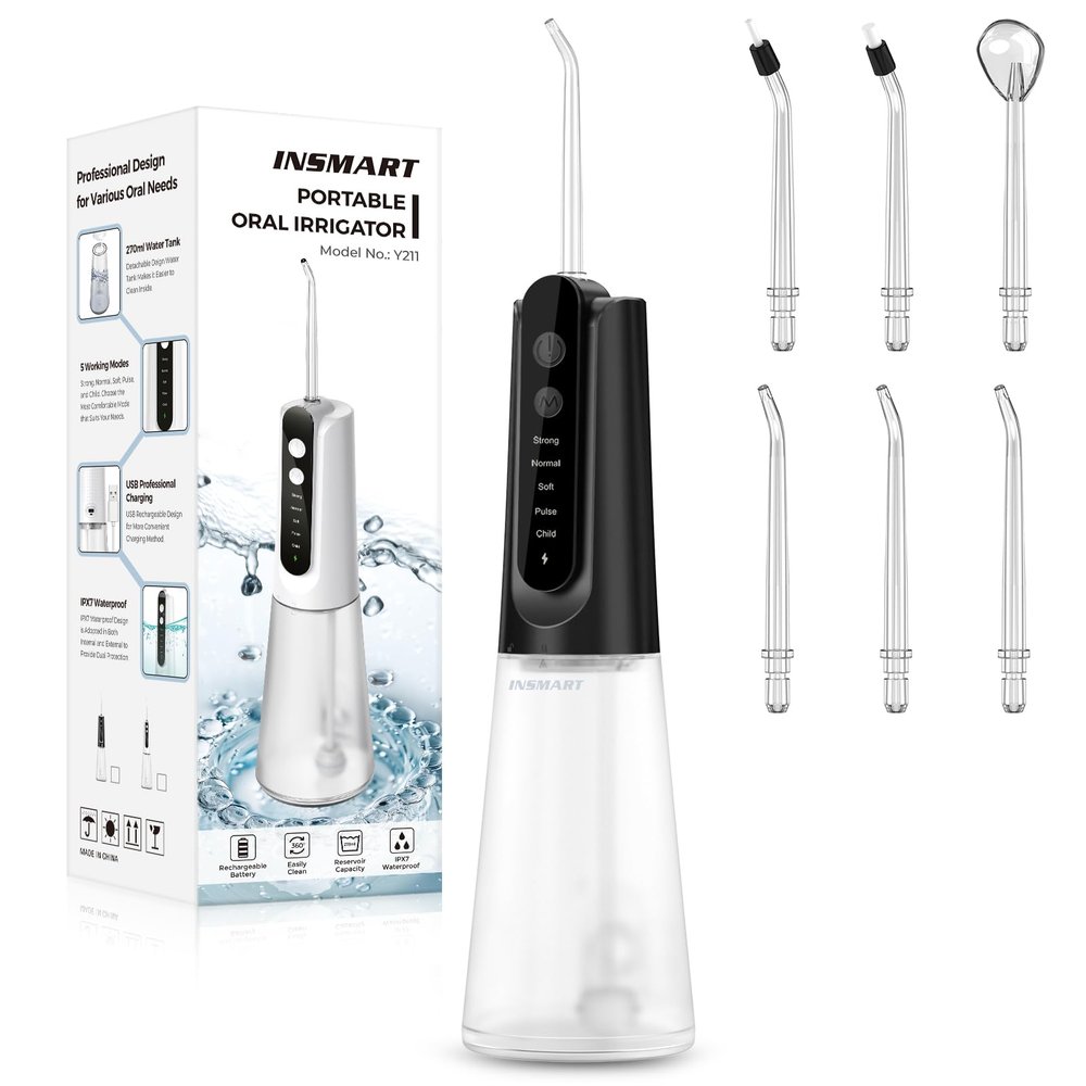 INSMART Water Flosser for Teeth: Portable Travel Flossers Set for Teeth Cleaning with 5 Modes, Cordless Dental Electric Flosser for Oral Care, Rechargeable Floss DIY Mode IPX7 Waterproof