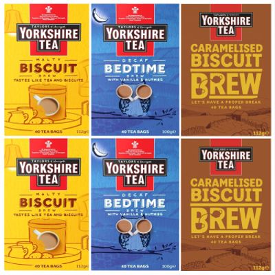 Yorkshire Tea Variety Pack x40 Tea Bags, Flavours Inc. Malty Biscuit Brew, Decaf Bedtime Brew and Caramelised Biscuit Brew (Pack of 6, Total 240 Tea Bags)