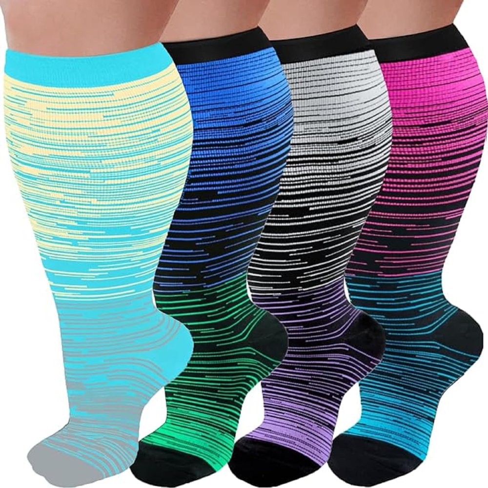 3 Pairs Plus Size Compression Socks for Women and Men Wide Calf 20-30mmhg Extra Large Knee High Support for Circulation, 01- Red/Dark Blue/White/Light Blue, 5XL