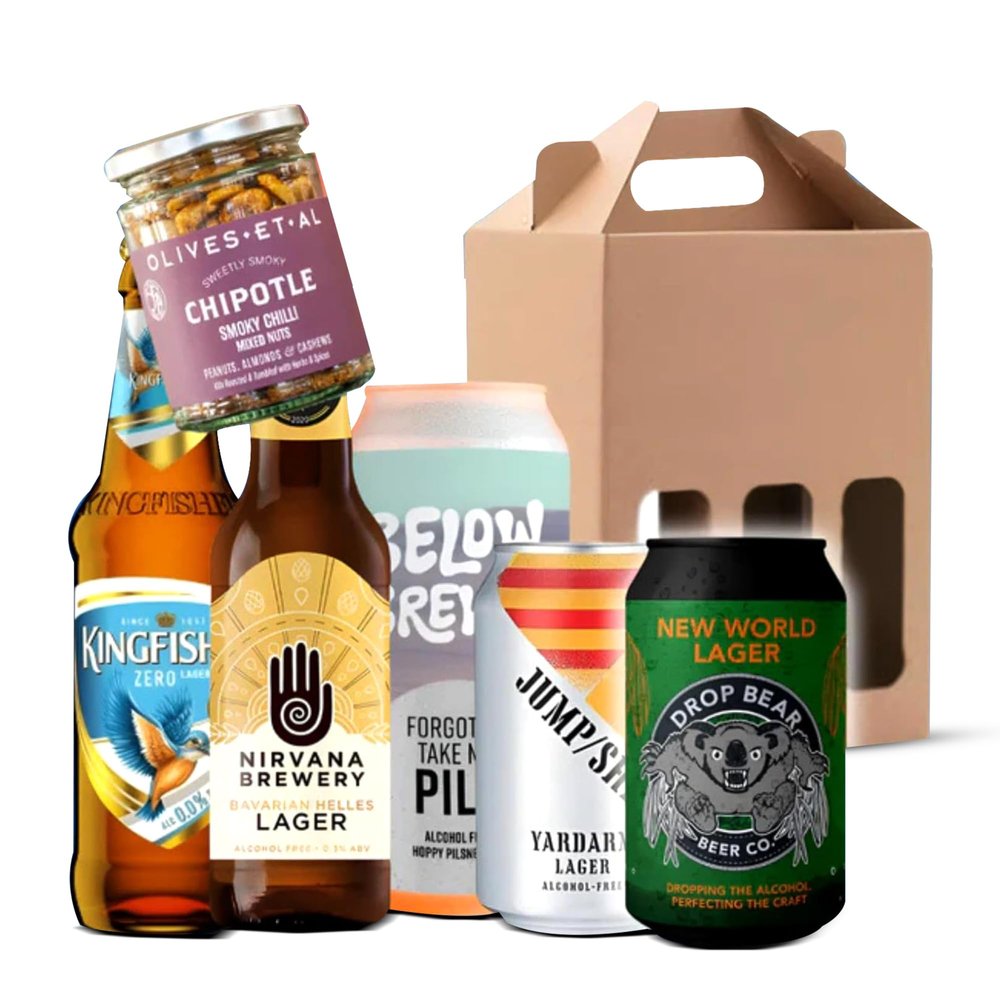 A perfect round' 5 Alcohol Free Lagers & Nuts in a Gift Box