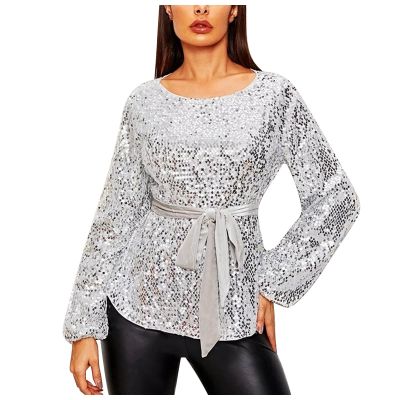 Foweknow Glitter Outfit, Women's Long Sleeve Sequin Top, Party Outfit, Festival, Sparkle, Airy Tops, Vintage Tunic, Blouses, Disco Outfit, Elegant Prom, Stage Show, Fancy Dress, White, M
