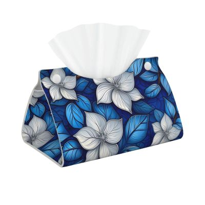 Blue White Floral Elegance Tissue Box Cover, Modern Long Tissue Box Holder, Foldable Leather Tissue Box Accessories for Bathroom, Office Desk, Car, Tabletop, Home Decor