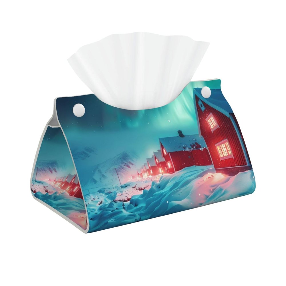 Aurora Borealis Village Tissue Box Cover, Modern Long Tissue Box Holder, Foldable Leather Tissue Box Accessories for Bathroom, Office Desk, Car, Tabletop, Home Decor