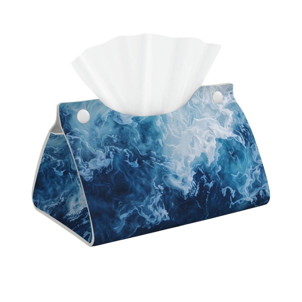 Abstract Ocean Waves Tissue Box Cover, Modern Long Tissue Box Holder, Foldable Leather Tissue Box Accessories for Bathroom, Office Desk, Car, Tabletop, Home Decor