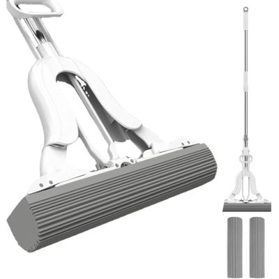 FYDZ Premium Floor Cleaning Sponge Mop Set, Extra Absorbent with Dual Heads, Self-Wringing Roller, Adjustable Handle for All Floors, Easy-to-Wash Design